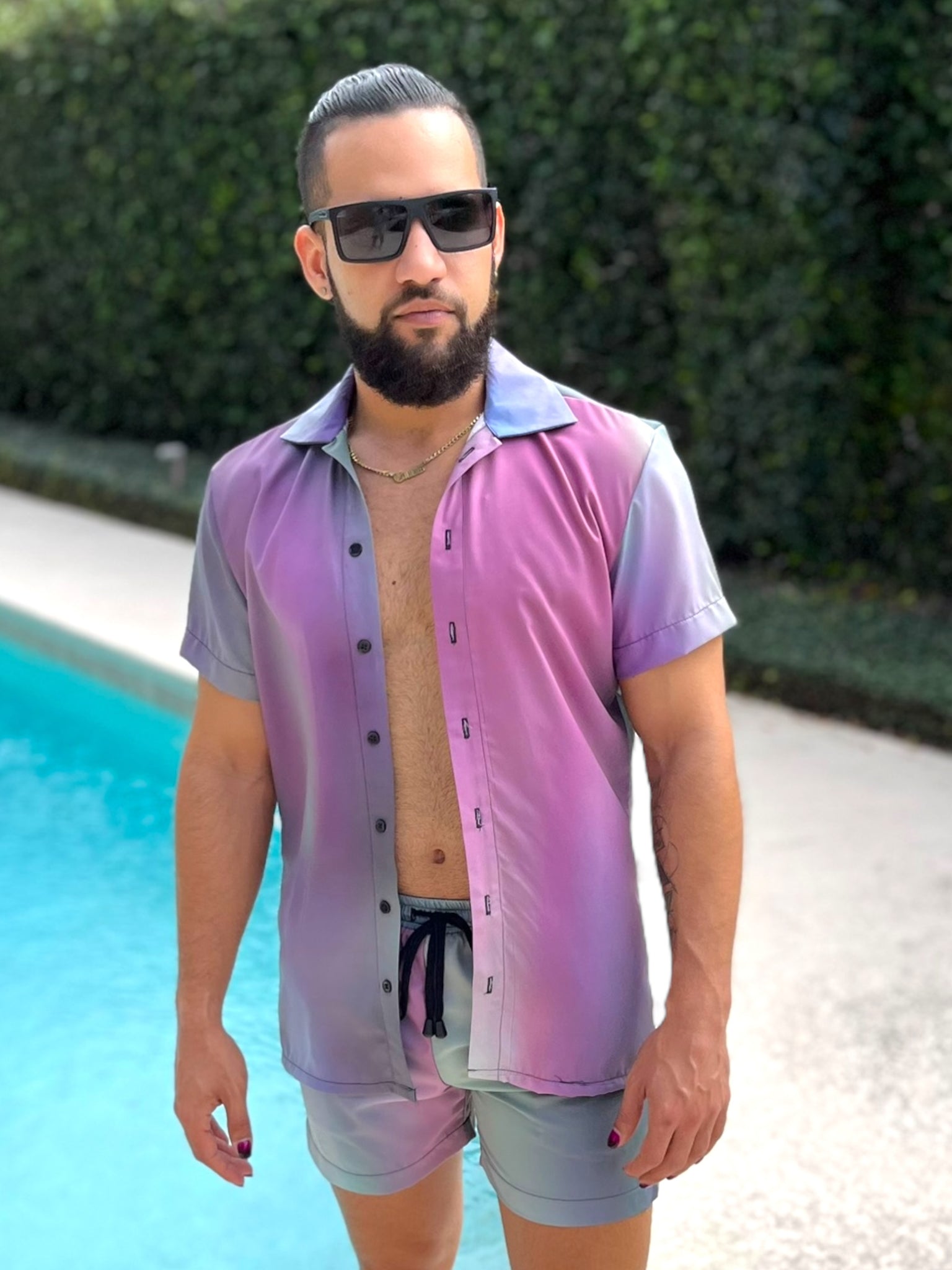 Mens Oil Slick Fitted Button Down Shorts Set Unique Pattern