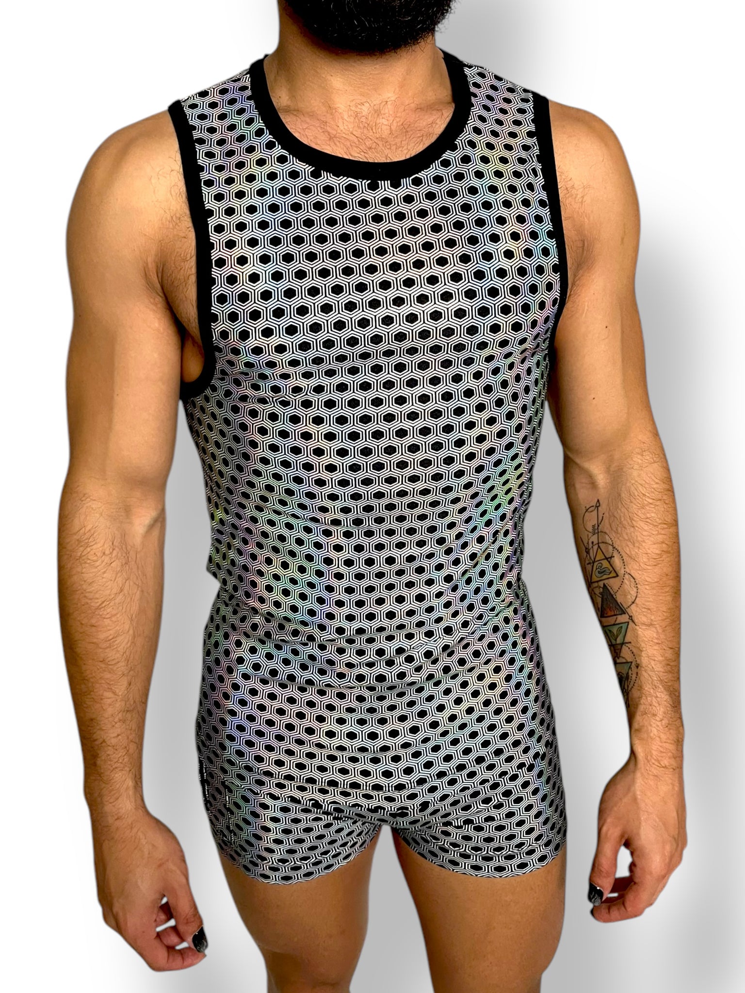Holographic Psychedelic Print Fitted Tank and Zipper Short