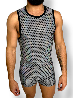Holographic Psychedelic Print Fitted Tank and Zipper Short