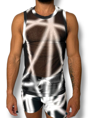 Black White Stretch Mesh Tank Short Set