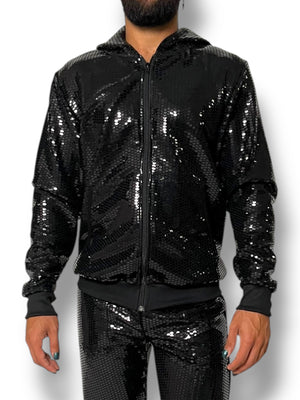 Black Sequin Stretch Hoodie Jogger Set