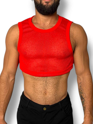 Red Crochet Fitted Mens Tank Crop