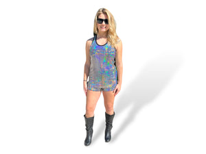 Holographic Womens Racer Back Tank Shorts Festival Wear Iridescent Rave Fashion LGBTQ Pride