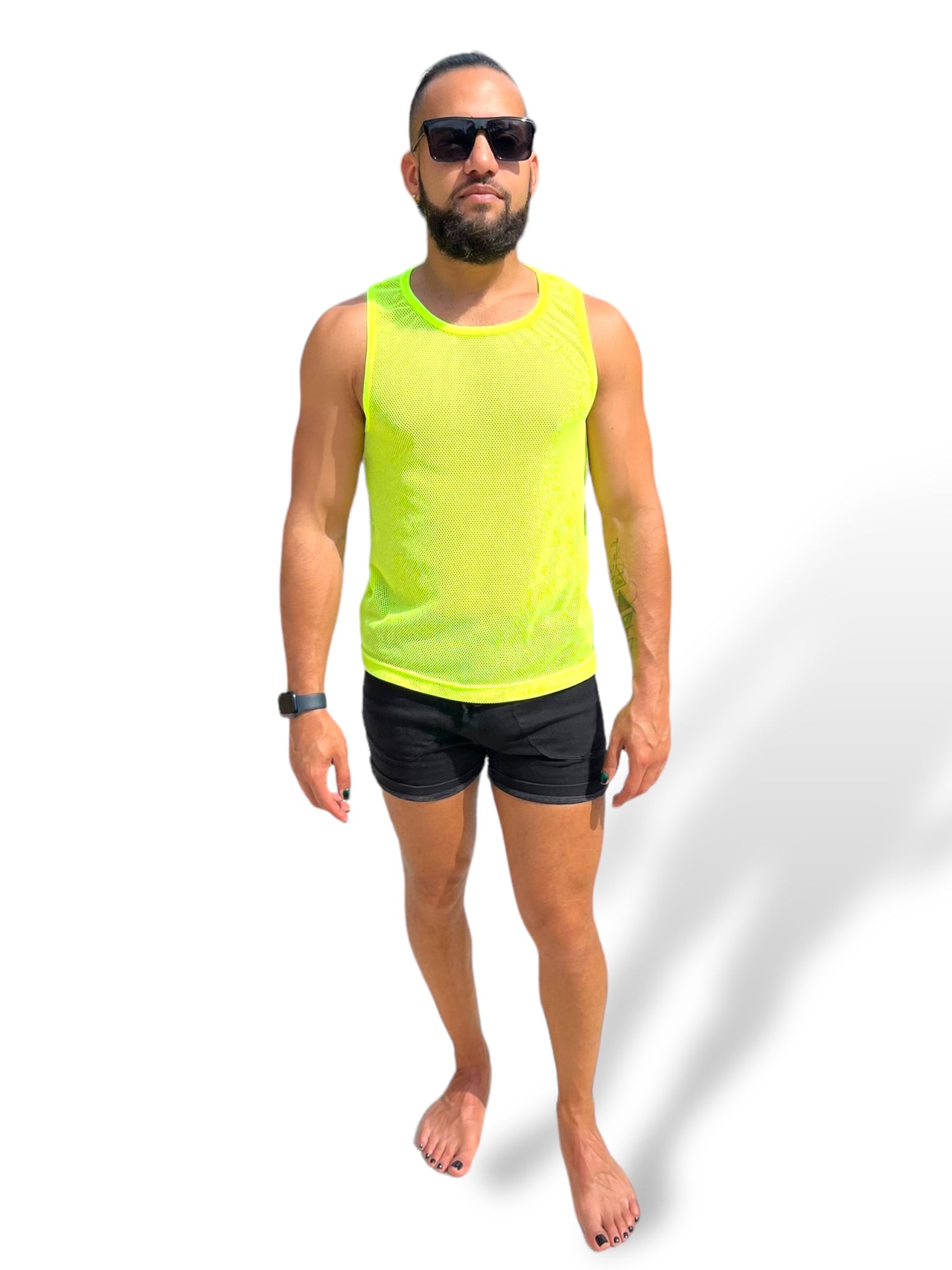 Mens Stretch Mesh See Through Sheer Black Neon Yellow Racer Back Tank