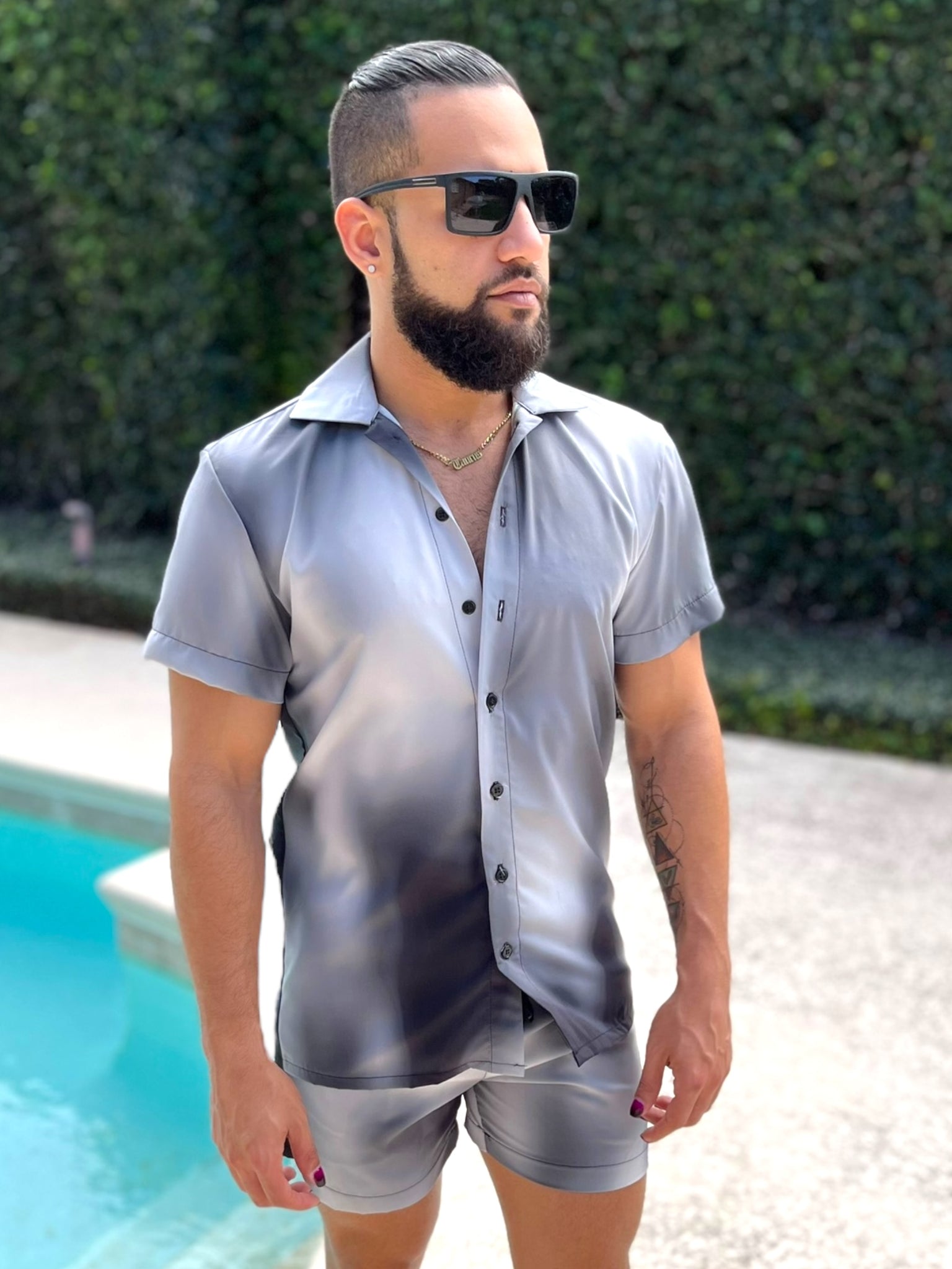 Mens Fitted Button Down Shorts Set Unique Pattern