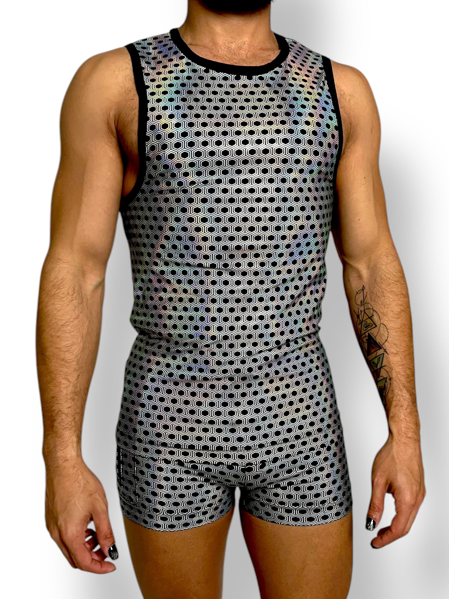 Holographic Psychedelic Print Fitted Tank and Zipper Short