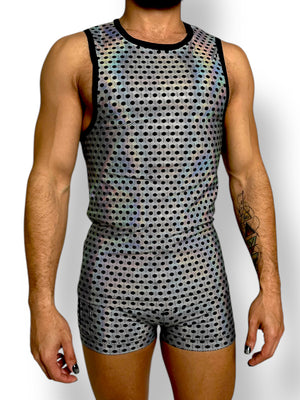 Holographic Psychedelic Print Fitted Tank and Zipper Short