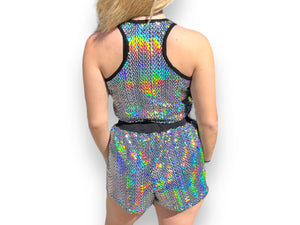 Holographic Womens Racer Back Tank Shorts Festival Wear Iridescent Rave Fashion LGBTQ Pride