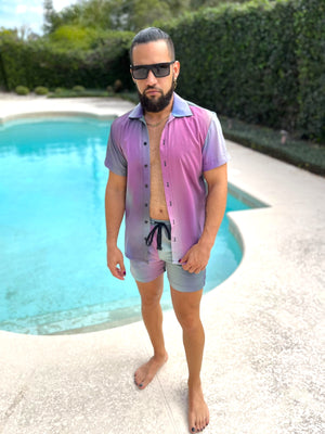 Mens Oil Slick Fitted Button Down Shorts Set Unique Pattern