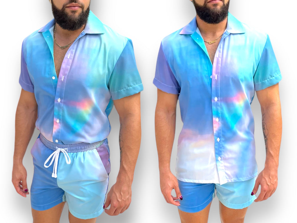 Mens Fitted Button Down Shorts Set Unique Pattern