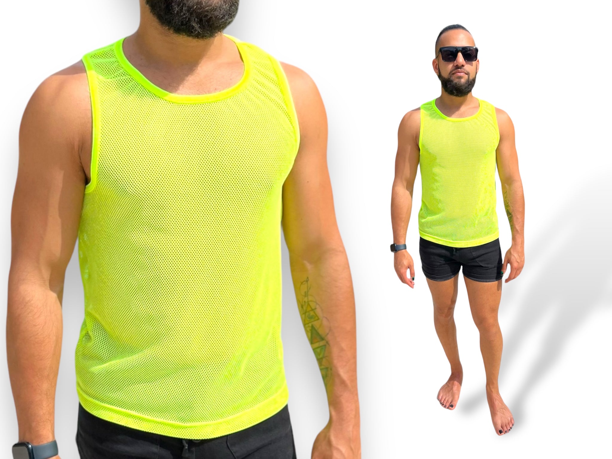 Mens Stretch Mesh See Through Sheer Black Neon Yellow Racer Back Tank