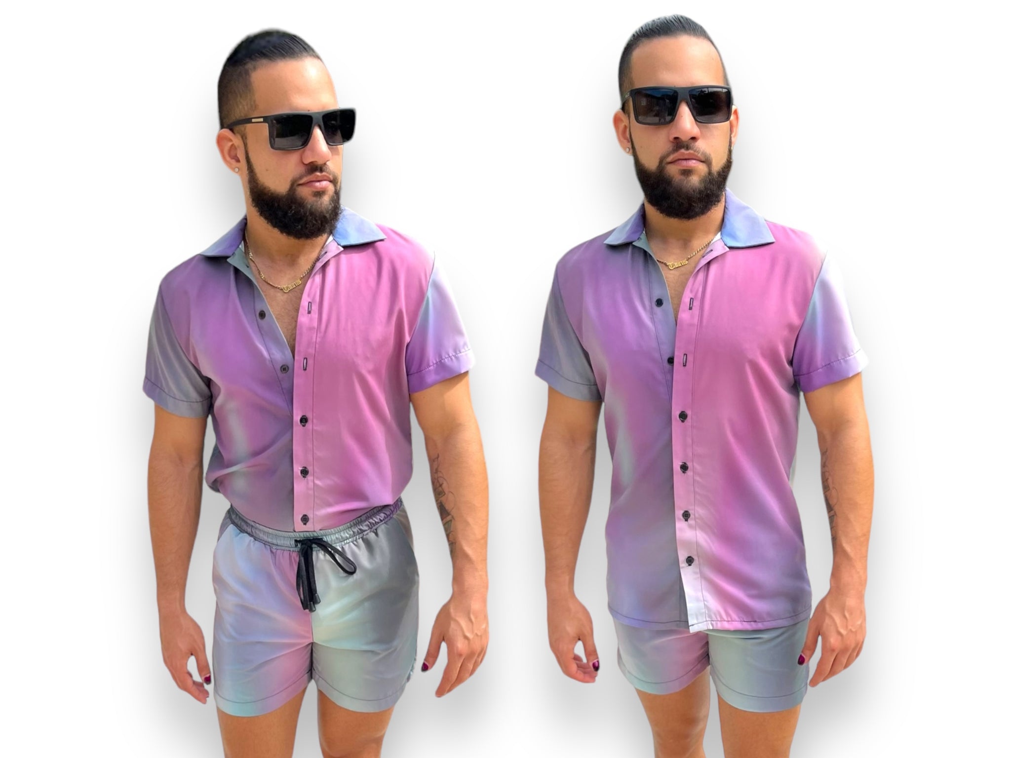 Mens Oil Slick Fitted Button Down Shorts Set Unique Pattern