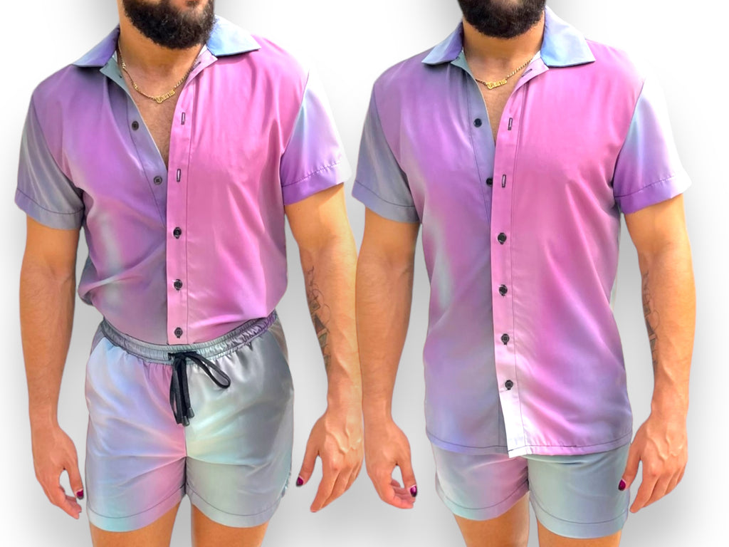 Mens Oil Slick Fitted Button Down Shorts Set Unique Pattern