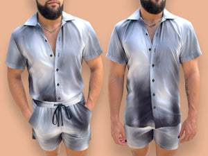 Mens Fitted Button Down Shorts Set Unique Pattern