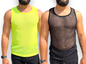 Mens Stretch Mesh See Through Sheer Black Neon Yellow Racer Back Tank