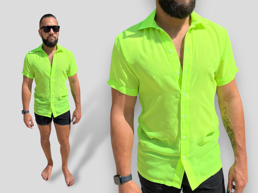 Mens Sheer Chiffon Mesh Button Up Neon