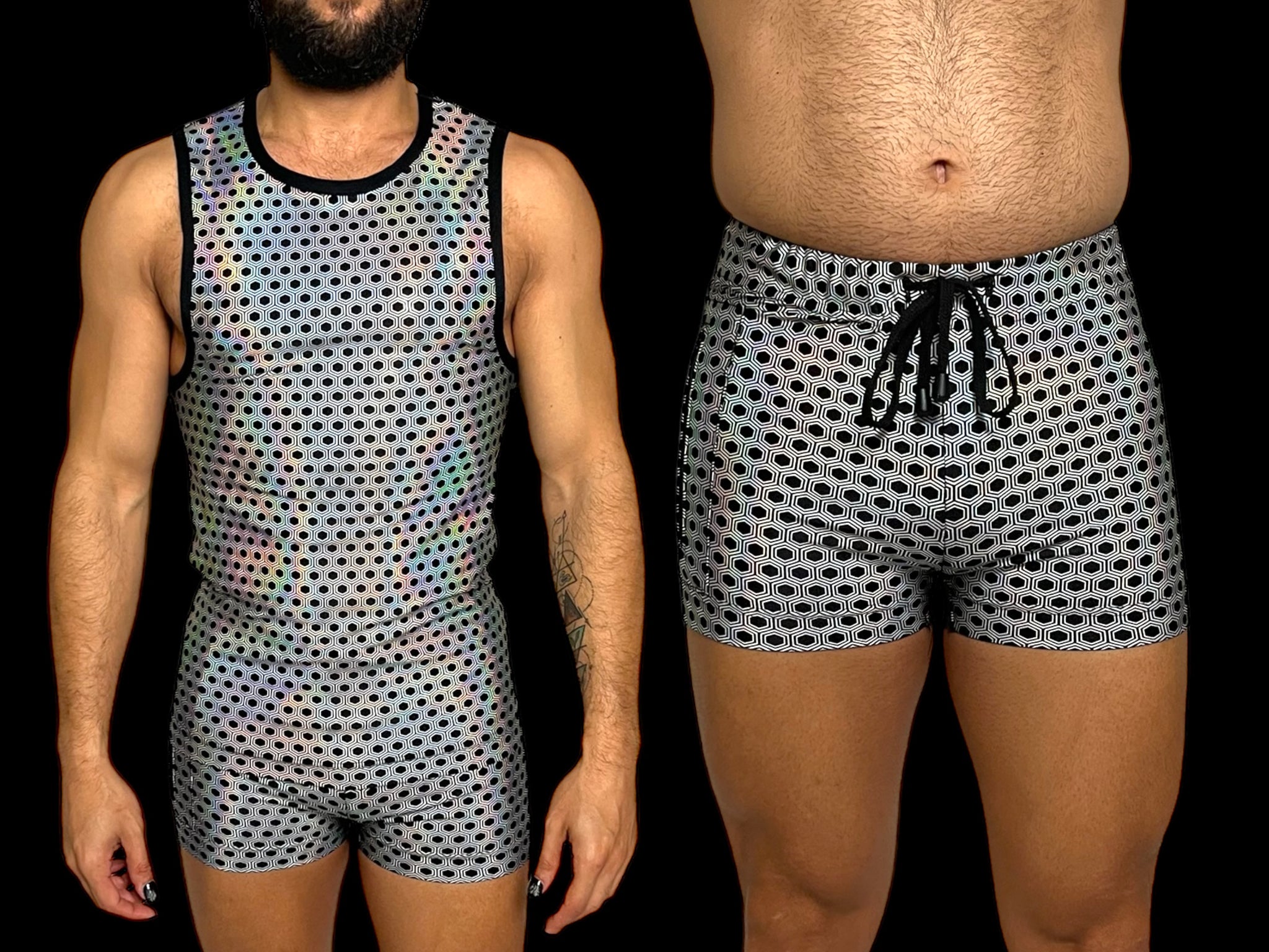 Holographic Psychedelic Print Fitted Tank and Zipper Short