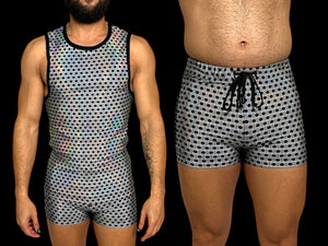 Holographic Psychedelic Print Fitted Tank and Zipper Short