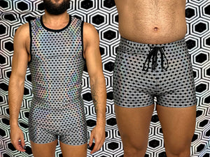 Holographic Psychedelic Print Fitted Tank and Zipper Short