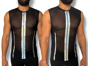 Holographic Space Stripe Mesh Stretch Zip Tank