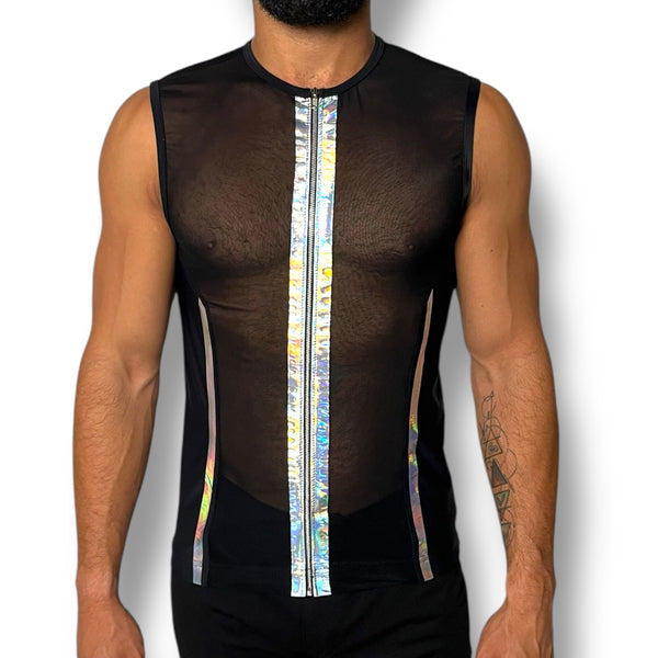 Holographic Space Stripe Mesh Stretch Zip Tank – shane