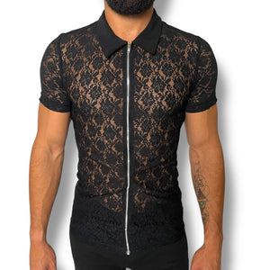 Mens Stretch Lace Zip Collared Shirt