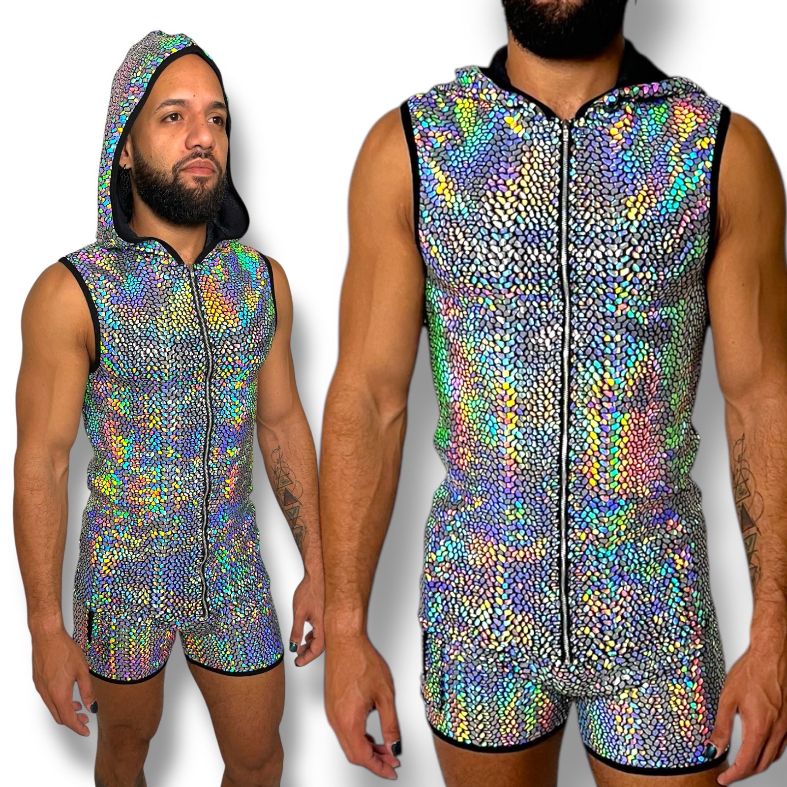 Holographic Fitted Hooded Zip Tank Set