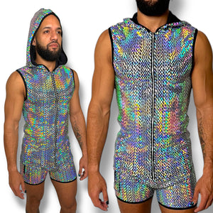 Holographic Fitted Hooded Zip Tank Set
