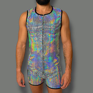 Mens Holographic Stretch Zip Fitted Tank Set