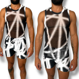 Black White Stretch Mesh Tank Short Set