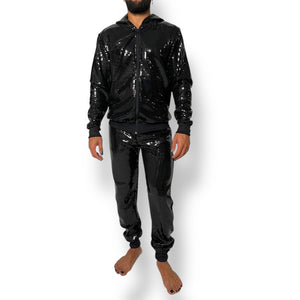 Black Sequin Stretch Hoodie Jogger Set
