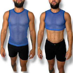 Blue Crochet Fitted Mens Tank Crop