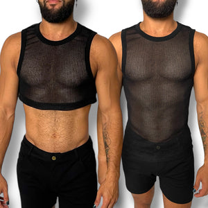 Black Crochet Fitted Mens Tank Crop