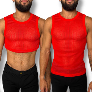 Red Crochet Fitted Mens Tank Crop