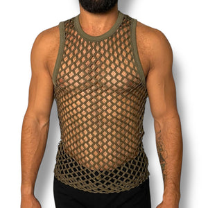 Green Fitted Fishnet Mens Tank