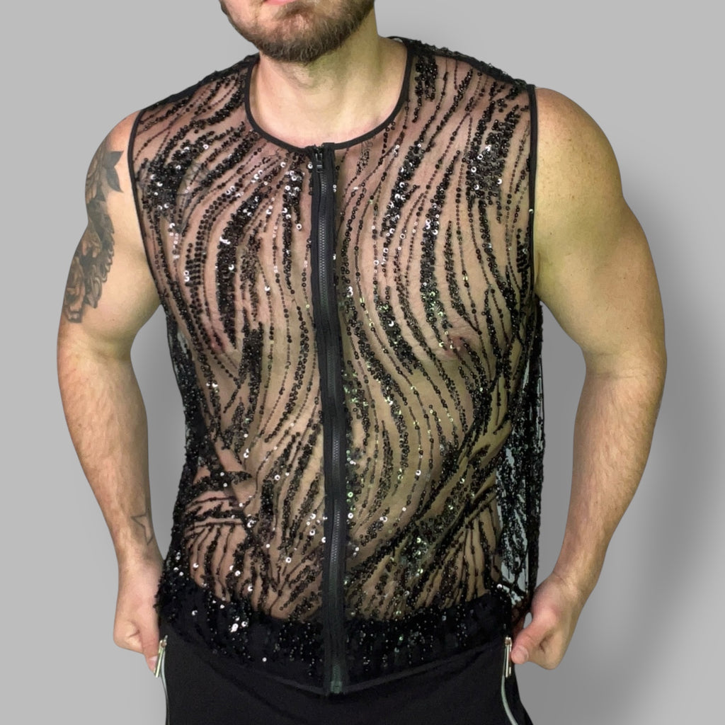 Beaded Unisex Zip Sleeveless Shirt Sheer